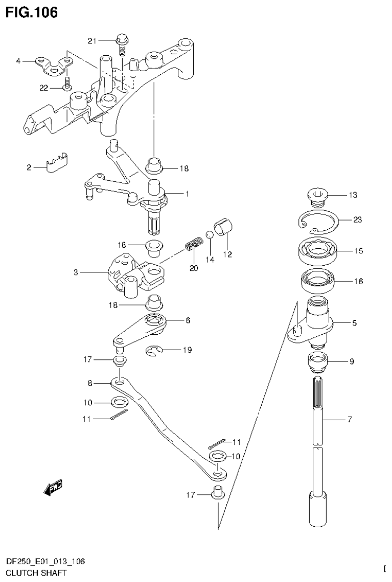 Suzuki DF200T, DF200Z, DF225T, DF225Z, DF250T, DF250Z CLUTCH SHAFT (DF250Z E40) parts diagram